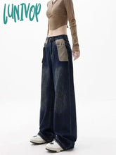 Lunivop Women’s Pocket Splicing Design Loose Wide Legs Retro Pant American Vintage Style